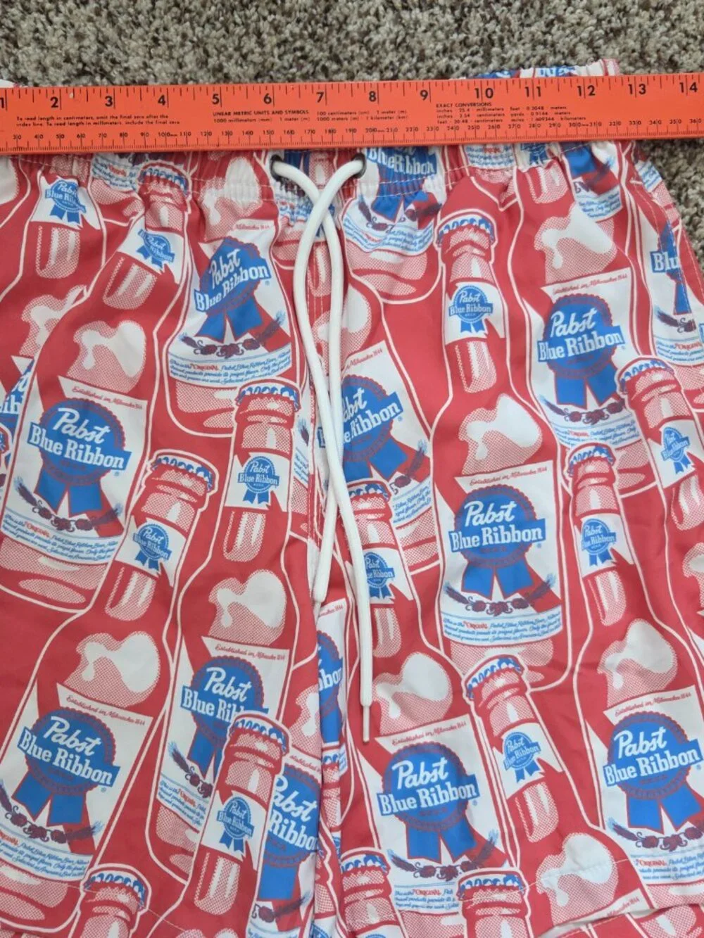 Pabst Blue Ribbon Swim Shorts Mens Small AOP Graphic Swimwear Trunks Beach Party